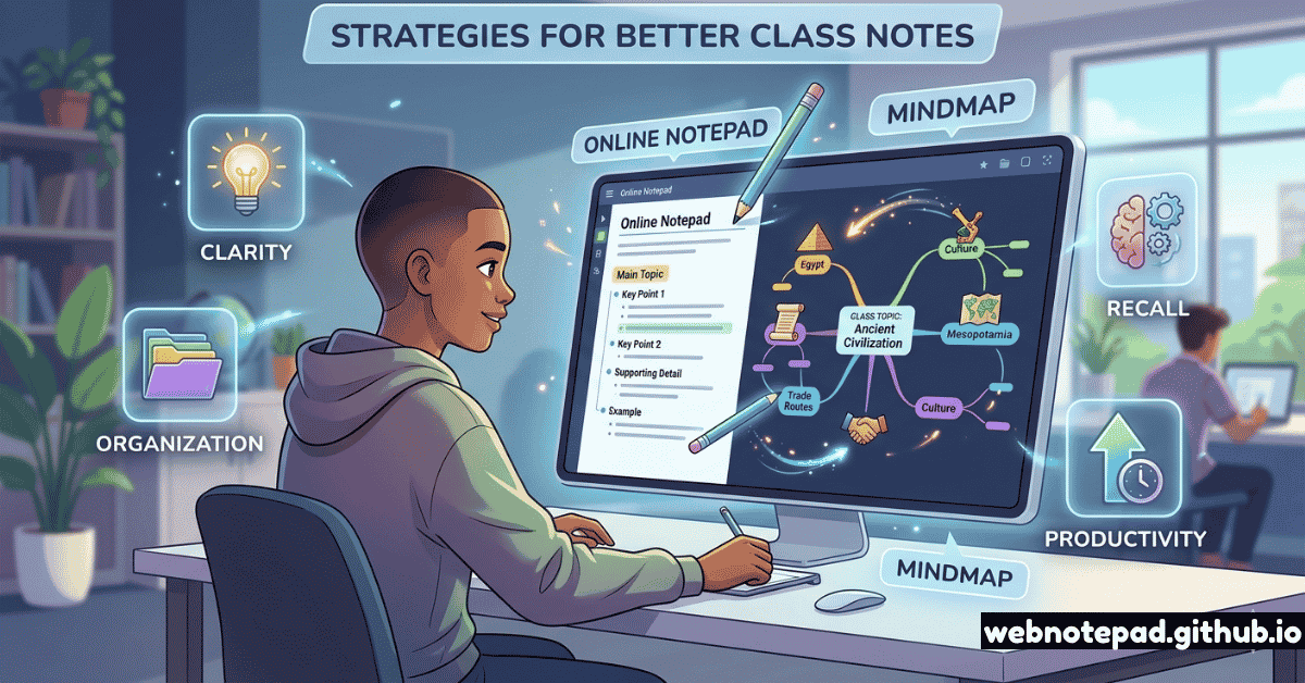 A diagram of the 2-Phase Note-Taking System showing a side-by-side comparison. On the left, a linear 'Notepad' interface displays Cornell-style lecture notes for Biology 101 labeled 'During Class.' On the right, an 'Online Mind Map' illustrates the same content restructured into a visual hierarchy of nodes for 'After Class' review.
