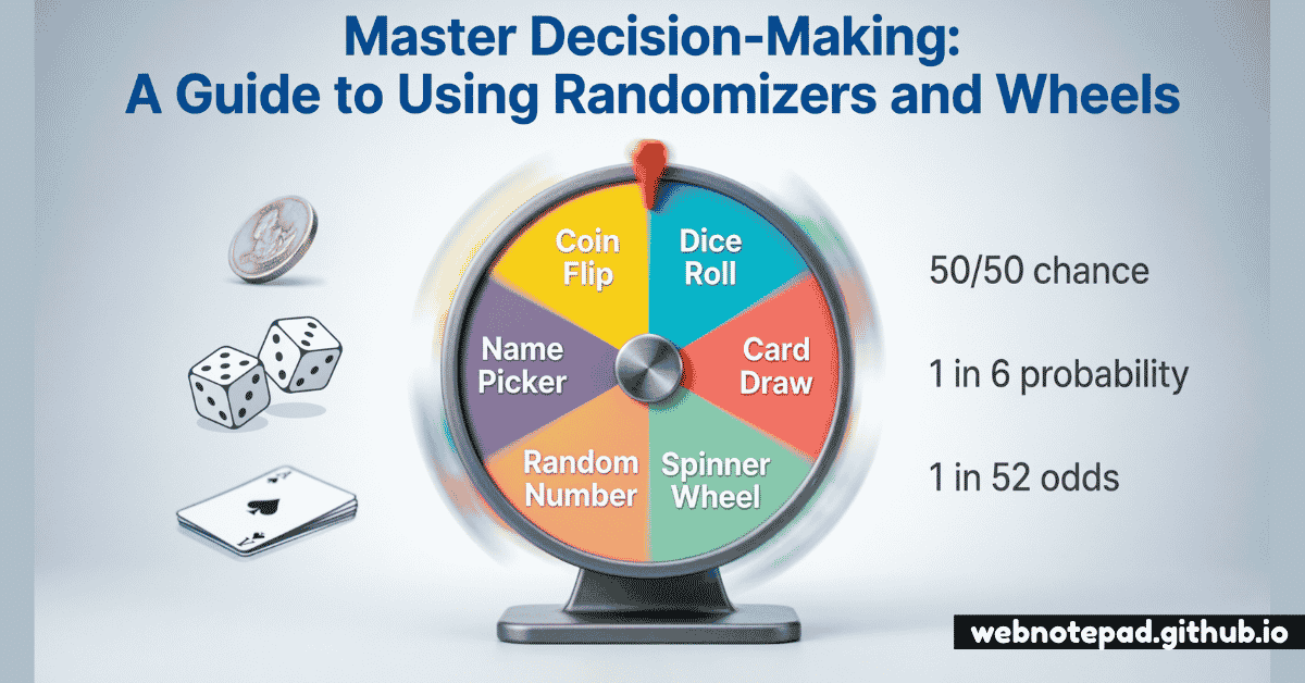 An illustration titled 'Master Decision-Making: A Guide to Using Randomizers and Wheels' showing a colorful spin wheel divided into labeled segments, a coin mid-flip, and a person pointing at a list of options on a laptop screen.