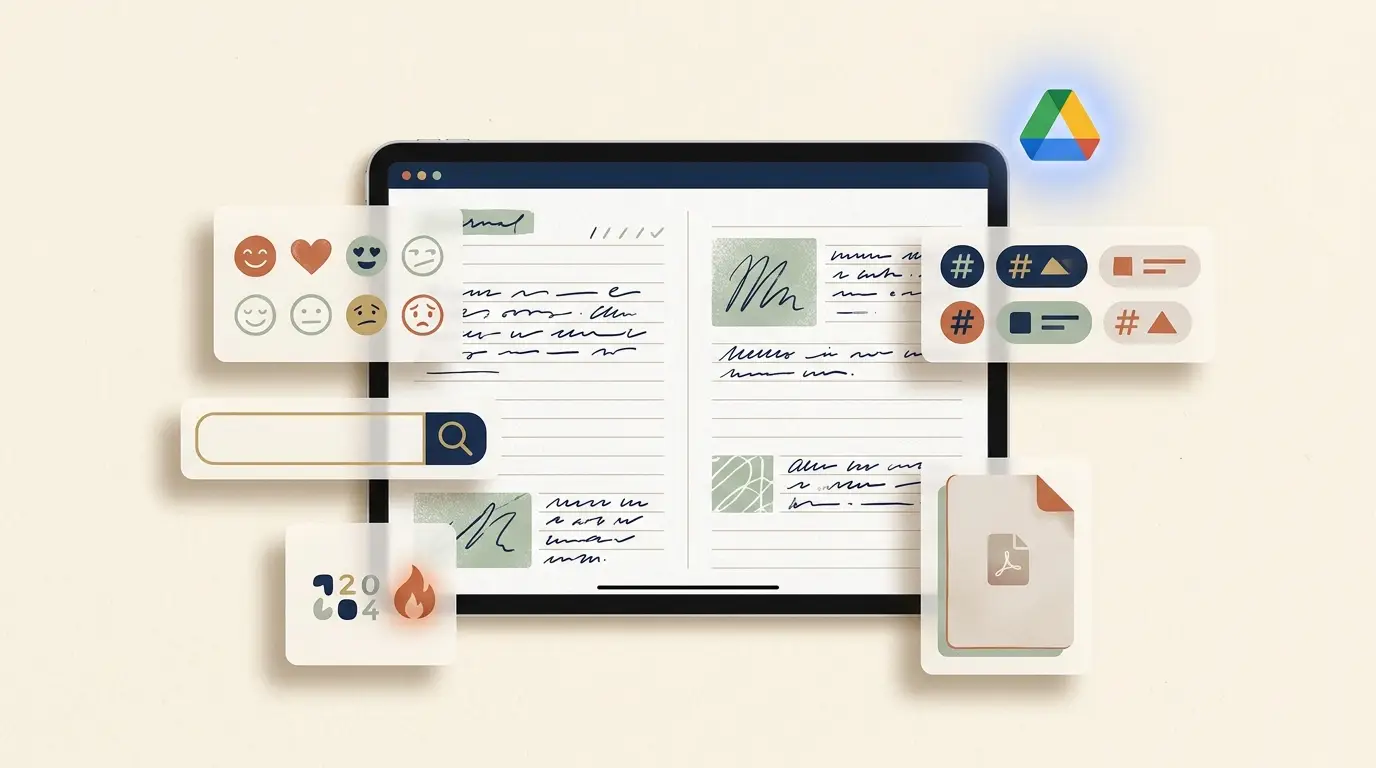 Online dagboek functies — stemming tracker, labels, PDF export, Google Drive back-up en streak tracking