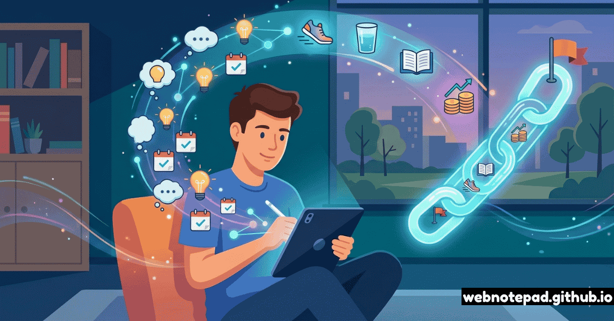An illustration of a young man sitting in a cozy room at night, using a tablet and stylus to journal. A glowing arc of icons representing thoughts, habits, and goals (lightbulbs, calendars, fitness, finance) flows from his mind into a luminous chain link, symbolizing the connection between daily journaling and achieving long-term personal growth.