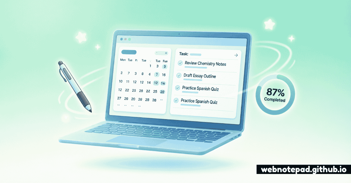 An illustration titled 'The Ultimate Guide to Digital Study Planners' showing a student at a laptop with a weekly planner grid, a checklist, a clock, a calendar and a stack of books around the screen.