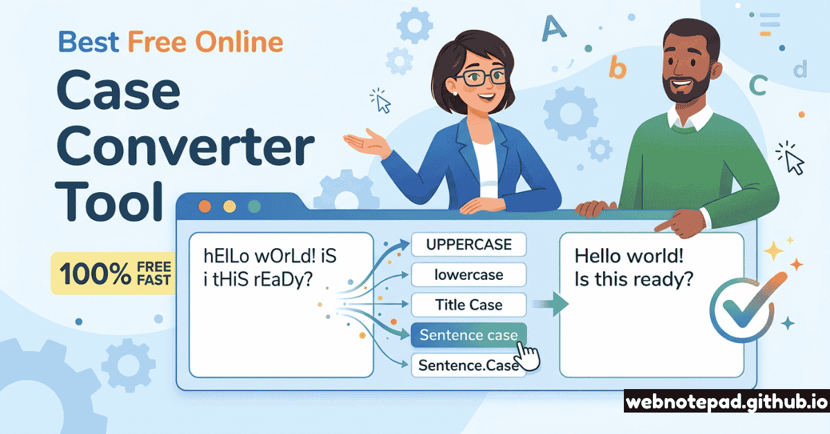 An illustrative graphic for a 'Best Free Online Case Converter Tool' featuring two professional characters. Below them, a digital interface demonstrates a text conversion from mixed case ('hElLo wOrLd!') to 'Sentence case' ('Hello world! Is this ready?'). Options for UPPERCASE, lowercase, Title Case, and Sentence.Case are shown as clickable buttons.