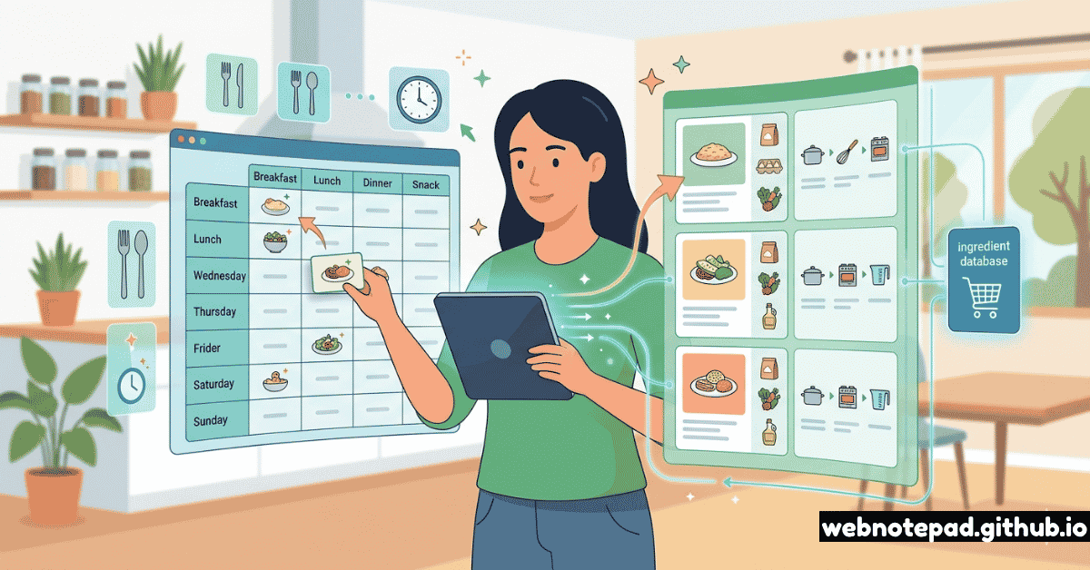 An illustration of a professional woman with curly dark hair working on a laptop at a wooden desk. Floating around her are several digital interface windows including 'Notepad,' 'Project Board,' and 'Collaboration & Documents.' The image features icons labeled 'productive,' 'organized,' and 'free,' highlighting the benefits of a streamlined digital workspace.