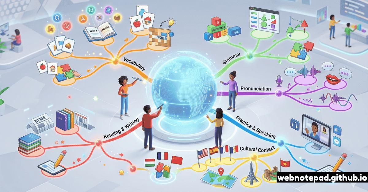 An illustrative graphic for 'Online Mindmap for Language Learning,' featuring a woman using a tablet to build a visual vocabulary web. The central node 'Language Learning' branches out into categories like 'Food,' 'Travel,' and 'Emotions,' with specific vocabulary words and icons (such as an airplane, a coffee cup, and a heart) representing different nouns and verbs.