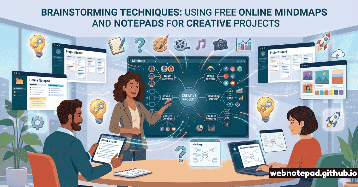 An illustration of a creative team collaborating on a project using digital tools. A woman stands before a large screen displaying a central 'Creative Project' mind map with branches for target audience, brand identity, and marketing strategy. Two colleagues use a laptop and tablet to access an 'Online Notepad' and 'Project Board,' while icons for brainstormed ideas like film, music, and photography float around the workspace.