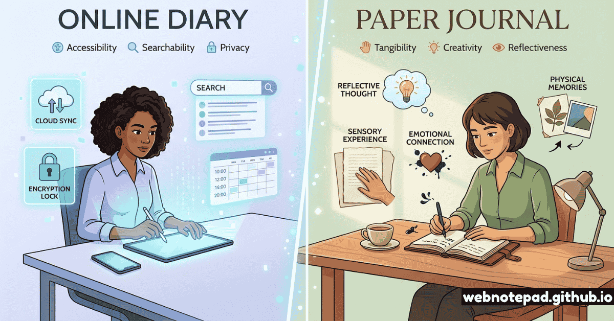 A side-by-side comparison of digital and analog journaling. On the left, 'Online Diary' features a woman using a tablet, highlighting accessibility, searchability, and privacy with icons for cloud sync and encryption locks. On the right, 'Paper Journal' shows a woman writing by hand, highlighting tangibility, creativity, and reflectiveness with themes of sensory experience and physical memories.
