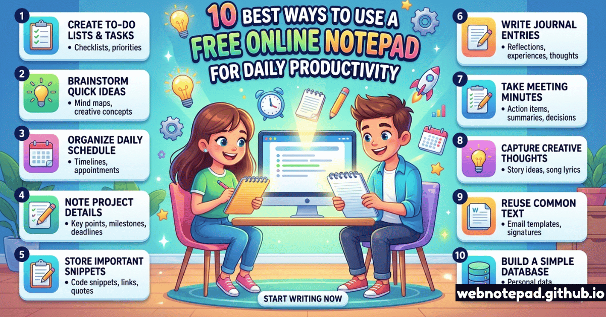 An infographic titled '10 Best Ways to Use a Free Online Notepad for Daily Productivity.' It features two cheerful characters taking notes at a computer, surrounded by 10 numbered tips: 1. To-do lists, 2. Brainstorming, 3. Scheduling, 4. Project details, 5. Snippets, 6. Journal entries, 7. Meeting minutes, 8. Creative thoughts, 9. Common text/templates, and 10. Simple databases.