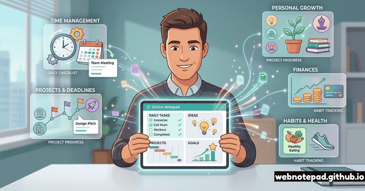 An illustration of a man holding a tablet displaying a central 'Online Notepad' hub for life organization. Radiating from the tablet are five specialized categories: Time Management (clocks/calendars), Personal Growth (learning/meditation), Projects & Deadlines (milestones), Finances (tracking/cards), and Habits & Health (fitness/nutrition).
