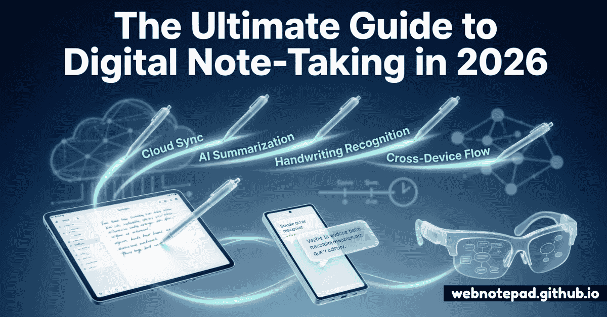 A cover illustration titled 'The Ultimate Guide to Digital Note-Taking' showing a laptop surrounded by icons representing 15 tools: a notepad, diary, mind map, checklist, case converter, dice for random text, shuffle arrows, word cloud, chart, target, tomato timer, calendar, scale, magnifying glass and counter.