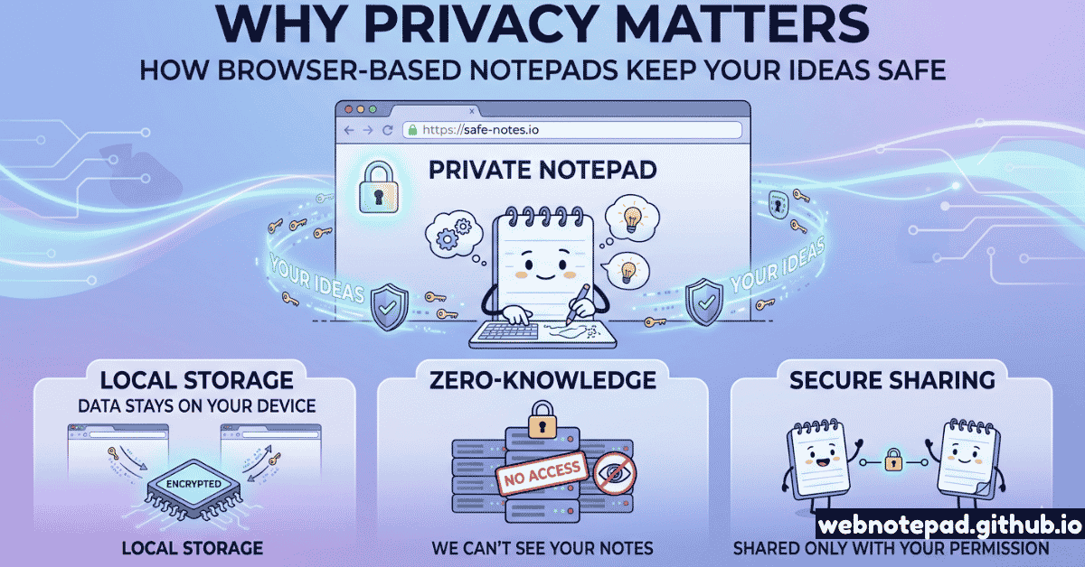 An infographic titled 'Why Privacy Matters' explaining how browser-based notepads protect data. It highlights 'Local Storage' (data stays on your device), 'Zero-Knowledge' (no access to notes), and 'Secure Sharing' (shared only with permission).