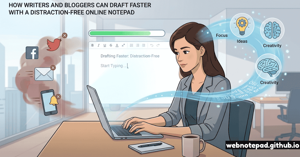 An illustration of a female writer focused on her laptop, drafting content in a clean digital notepad. Distracting social media and notification icons are pushed into a cloud of smoke on the left, while glowing icons for focus, ideas, and creativity flow into her workspace.